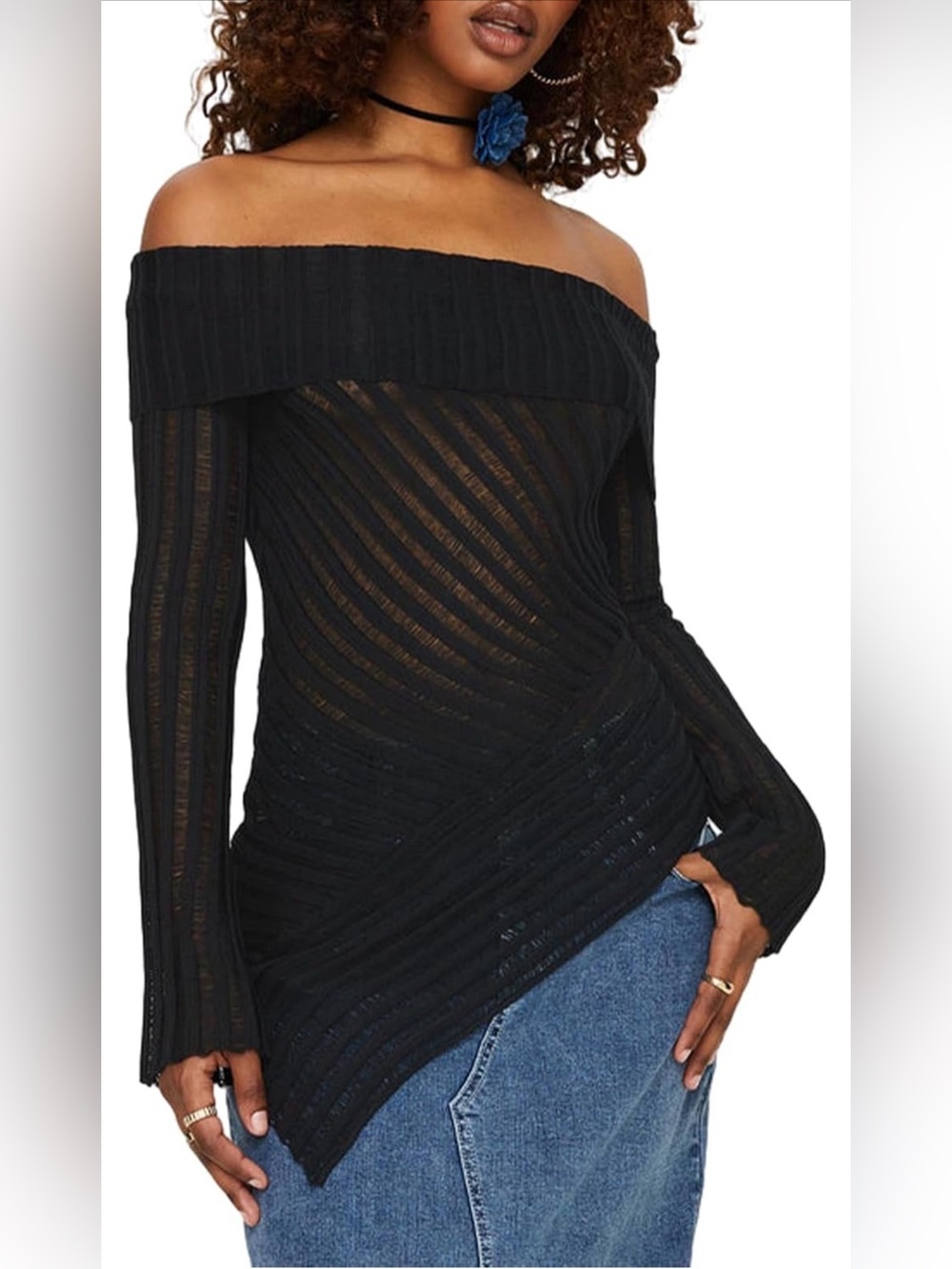 Sastianaen Off-the-Shoulder Black Ribbed Sheer Sweater NEW